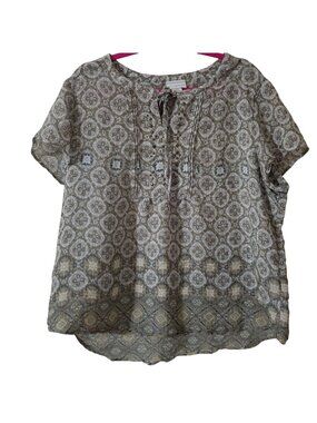 Liz Claiborne Womens XXL Boho Paisley Short Sleeve Blouse Rayon Blend Green/Whit